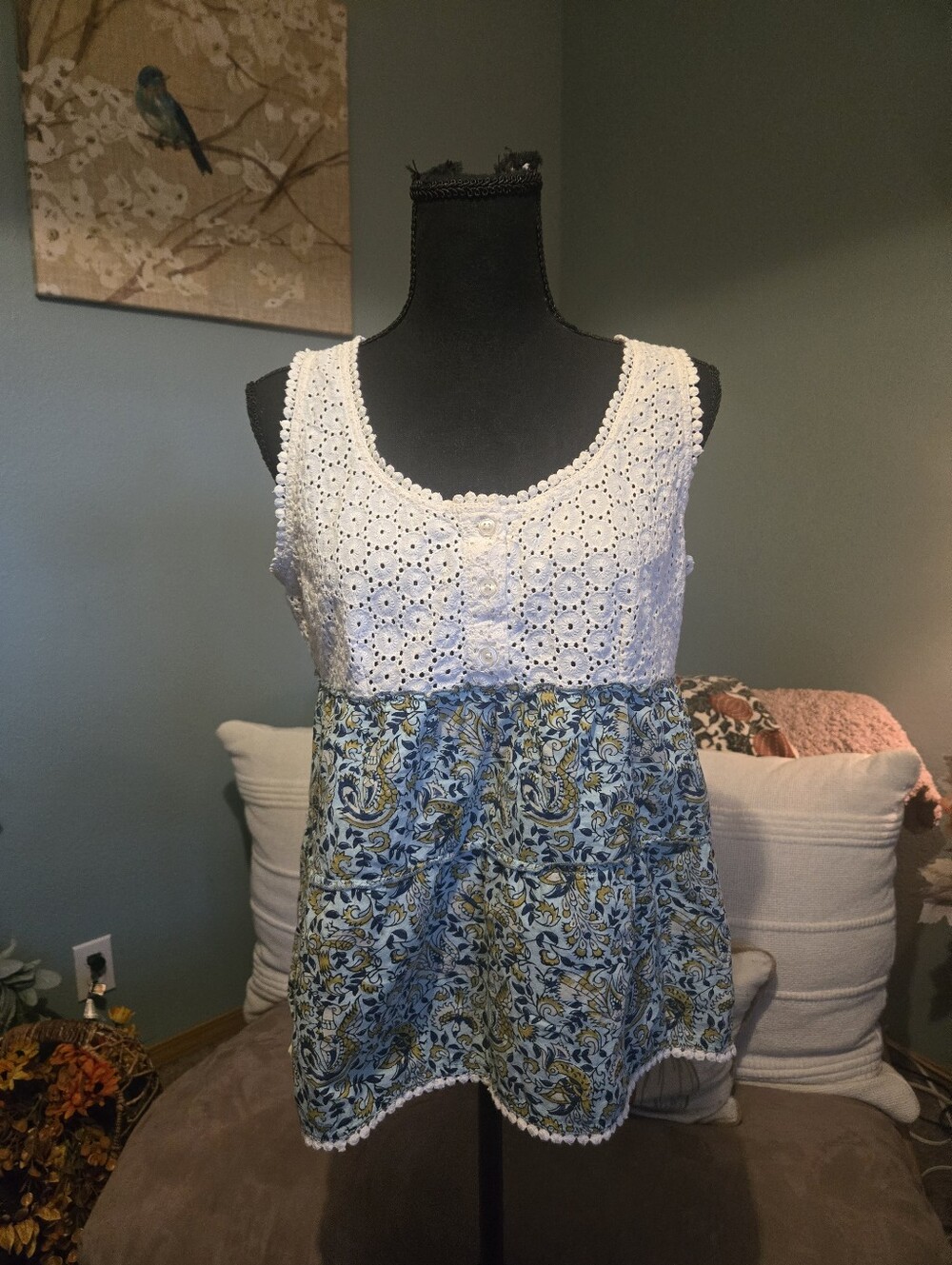 Prana White Eyelet & Blue Green Paisley Camisole